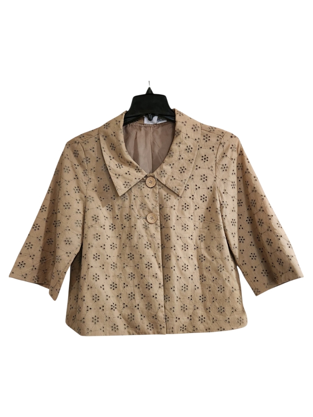 STUDIO V  Y2K Eyelet Jacket Sz L Tan Cotton  Embroidered Lined Boxy Cottagecore